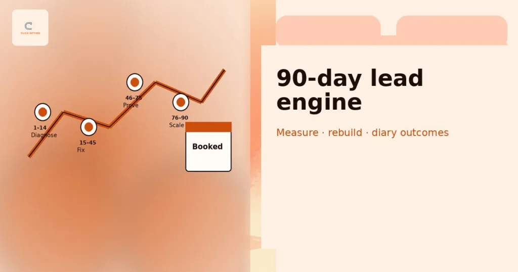 Ninety-day roadmap motif showing a measurement-first lead engine timeline for service businesses
