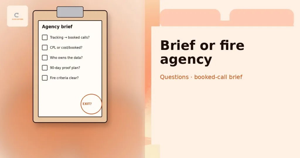 Briefing-document motif with checklist questions for hiring or exiting a Google Ads agency