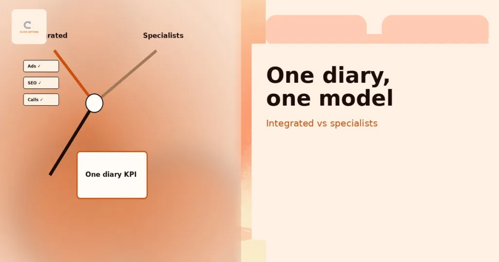 Fork-matrix motif comparing integrated Ads+SEO versus specialist agencies