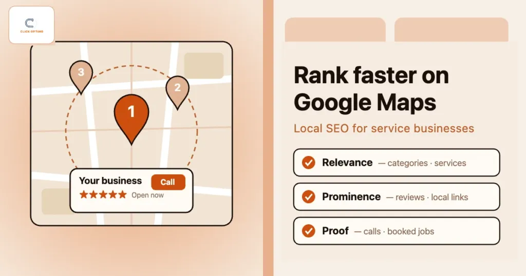 Google Maps pin ranked first with a five-star service business listing and call button, beside relevance, prominence and proof checklist