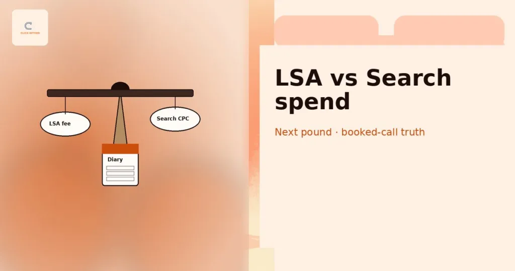 Balance-scale motif comparing Local Services Ads and Search Ads budget for service businesses