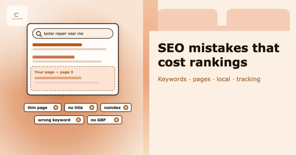 Search results card with a service page stuck on page three and common SEO mistakes: thin page, no title, noindex, wrong keyword, no Google Business Profile