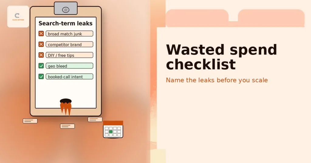 Clipboard and Google Ads checklist motif for wasted spend review in service businesses