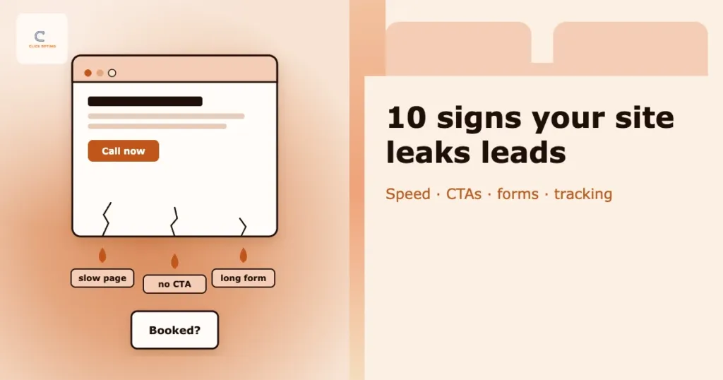 Browser window leaking leads through slow pages, missing CTAs and long forms before they become booked calls