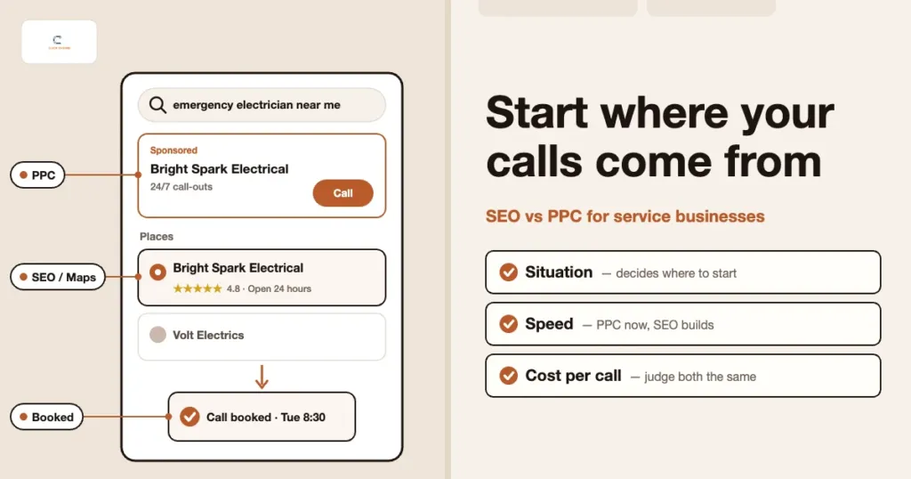 Search results for emergency electrician near me showing a sponsored ad with a call button above a map listing for the same business, leading to a booked call, beside a situation, speed and cost per call checklist